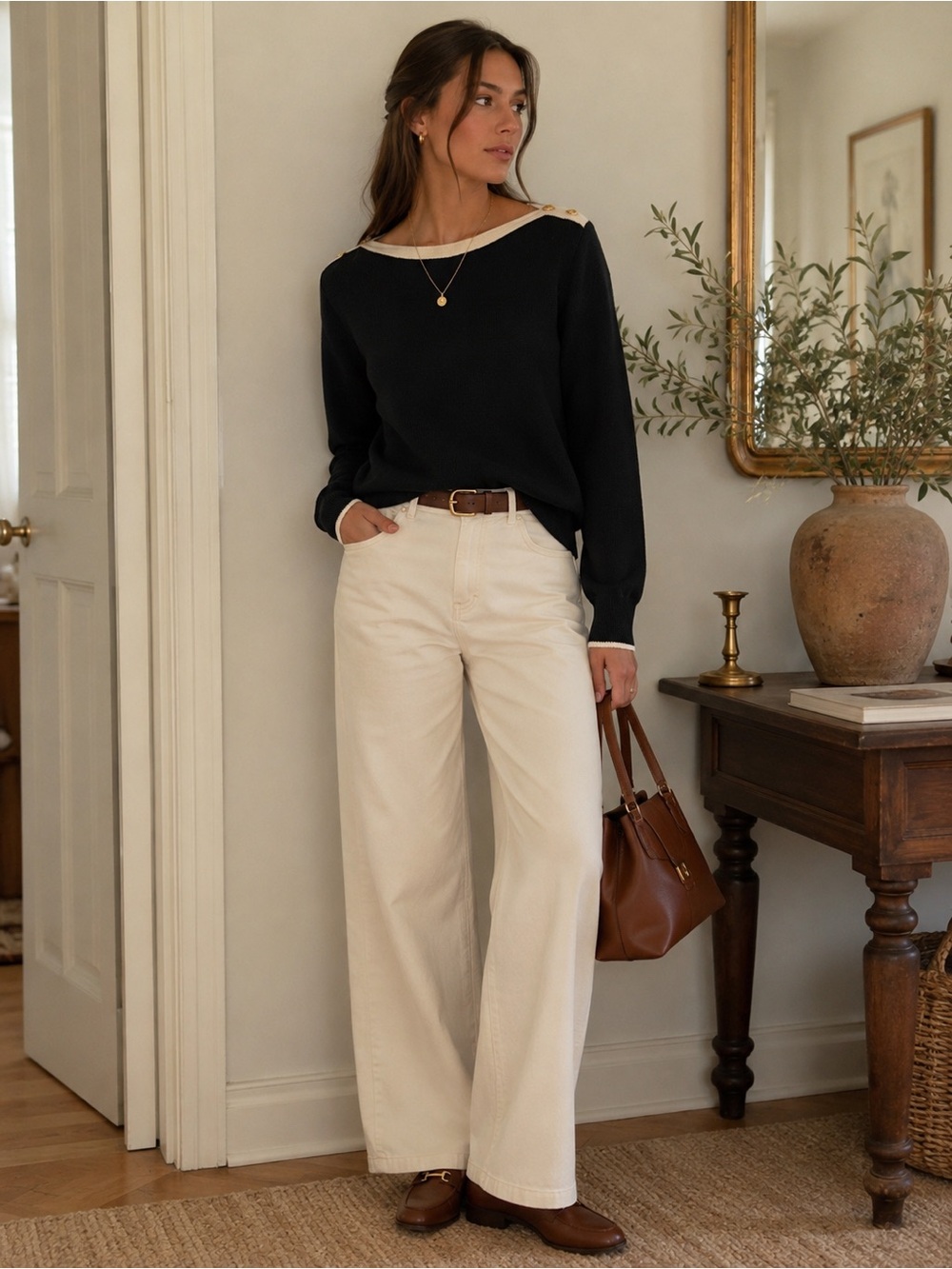Lauren Ralph Lauren Navy Blue Gold Button Boat Neck Mercerized Cotton Sweater XL